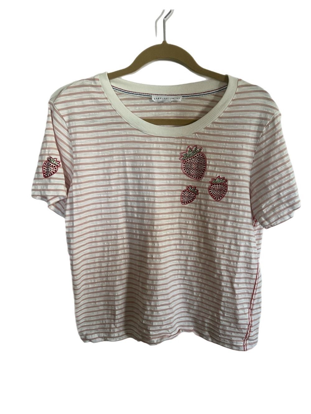 Jane and Delancey Pink & White Striped Tee with Strawberry Appliqués Cottagecore